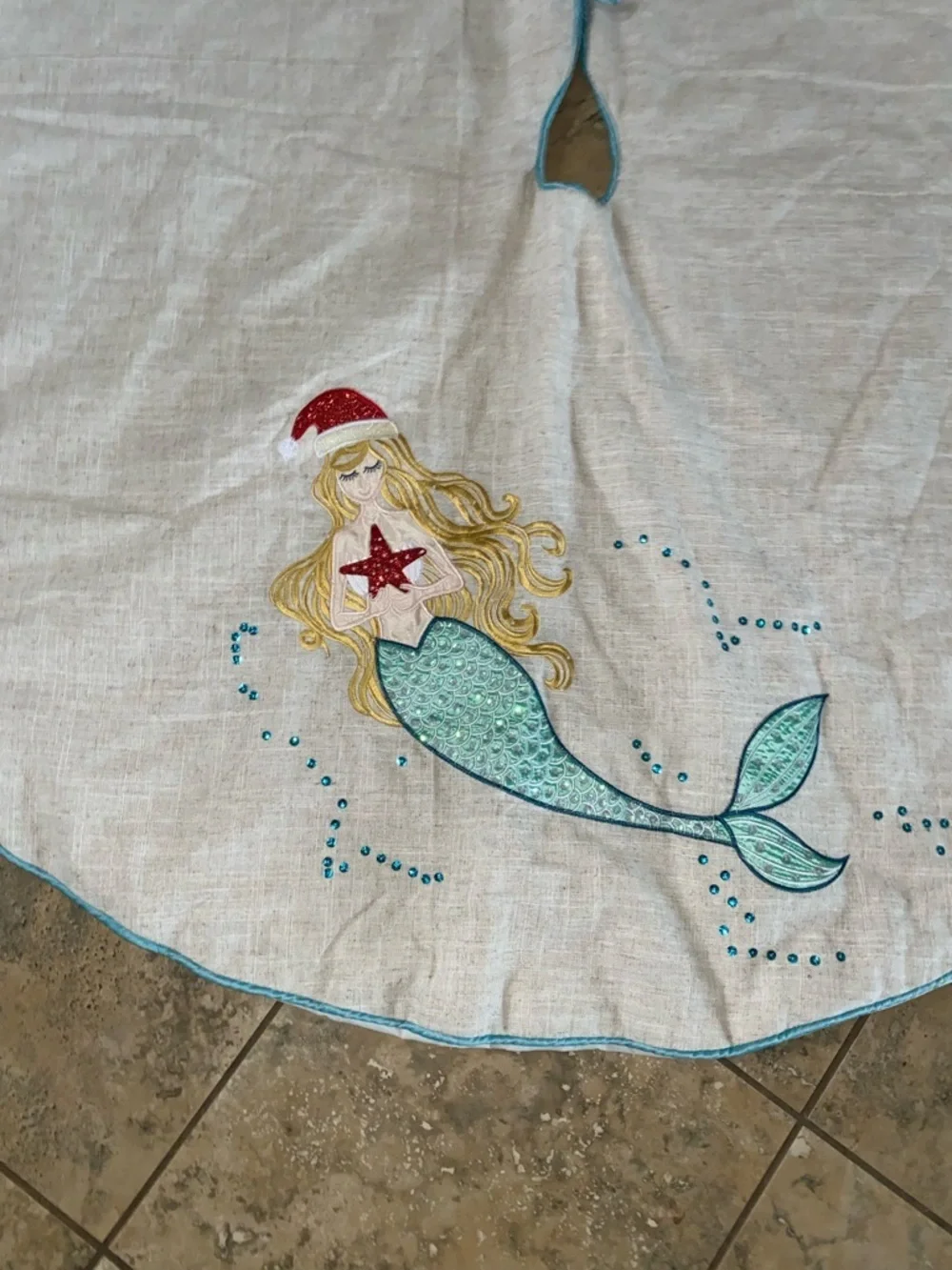 Mermaid Starfish Embroidered Coastal Turquoise White Christmas 52”W Tree Skirt